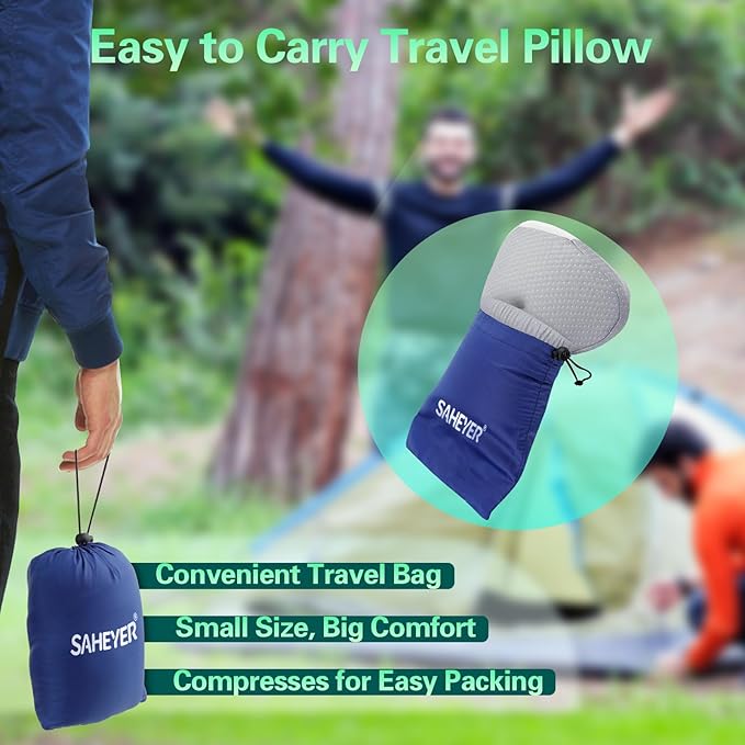 SAHEYER Memory Foam Travel Cervical Pillow, Small Camping Pillows for Sleeping with Strap, Neck Support Camping Gear Accessories - Travel Essentials for Sleeping, Backpacking, Hammock, Gray