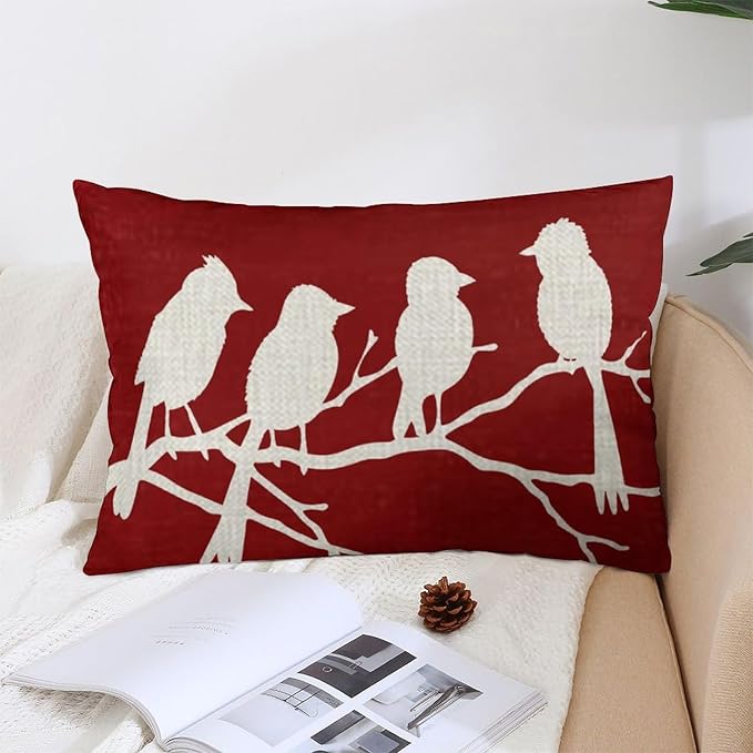 ITFRO Set of 2 Birthday Gift Birds Standing On A Branch Cotton Linen Lumbar Nature Wild Animals Throw Pillow Cover Cushion Case Sofa Home Decor 12x20 Inches (Red Set)