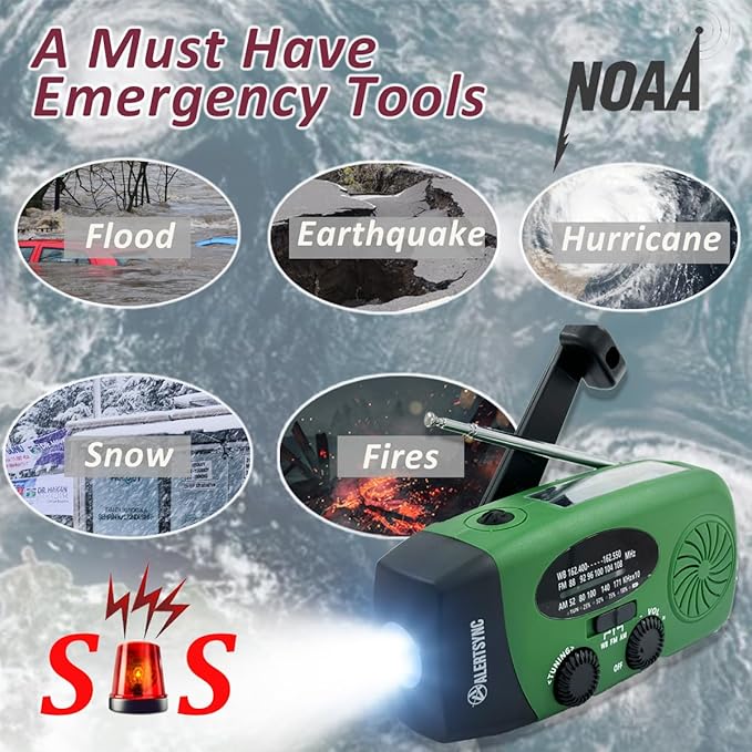 5000mah Alertsync NOAA Weather Emergency Radio with Solar Charging, AM FM Hand Crank Windup Radio SOS Alarm LED Flashlight with Earphone Jack for Home, Camping, Survival Hurricane (Green)
