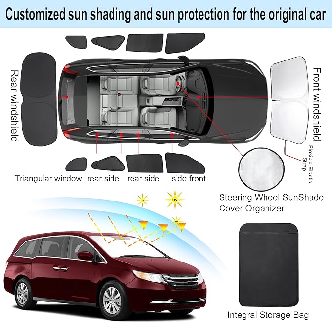8PCS Windshield Sun Shade Custom Fit for 2018-2024 Honda Odyssey Accessories Foldable Sunshade Side Rear Window Shade Cover Full Set Privacy Protection Keeps Car Cool