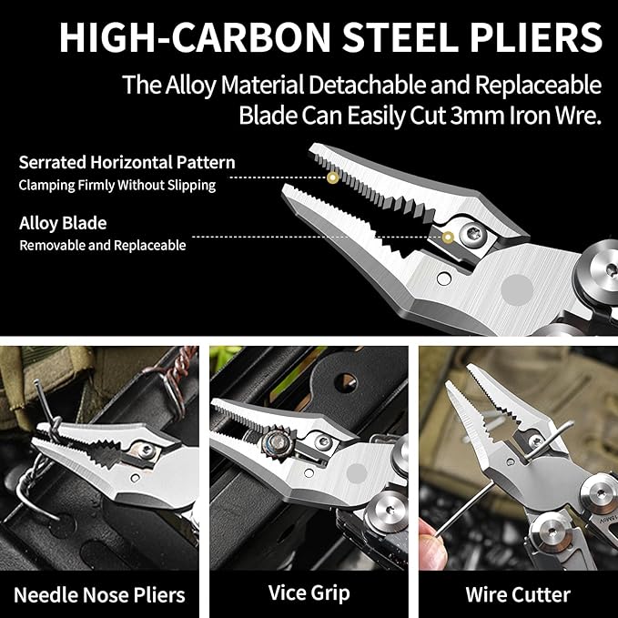 23-in-1 Multitool Pliers with Scissors,Wire Cutters,Window Breaker,Flint,Saw Screwdrivers,Bottle Opener,Carrying Pouch,High-carbon Steel Multi Tool for Camping Survival and Gift (Black And Silver)