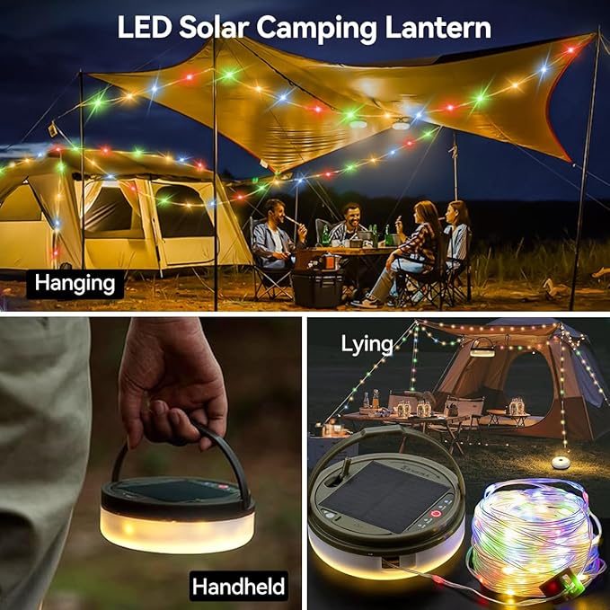 40FT Solar Camping String Lights, Rechargeable String Lights with 8 Modes, Waterproof Outdoor Lights with Delay Closure, Retractable Design & Hooks for Outdoor Patio Awning Garden Party Essentials