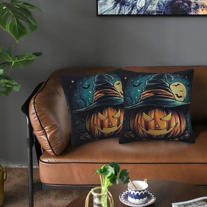 Halloween Evil Pumpkin Throw Pillow Covers 18x18 inch Set of 2 Bat Pillow Case Cushion Cover for Home Sofa Couch Living Room Car Decor