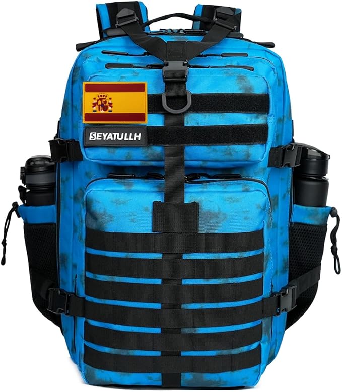 45L Military Tactical Backpack for Men & Women Bug Out Bag Assault pack Molle Daypack Hiking Trekking Rucksack (2.0 side pockets （blue tie dye）)