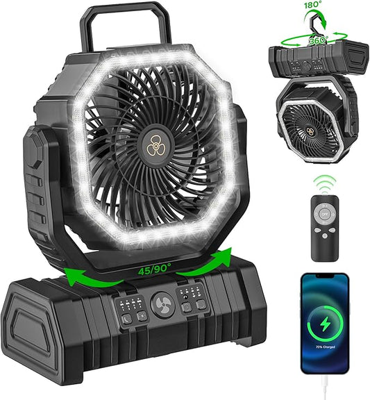 Rechargeable Camping Fan with LED Lantern, 20000mAh Auto-Oscillating Battery Operated Desk Fan with Remote&Hook, 8” Portable Fan for Picnic Fishing RV Jobsite Workshop Power Outages Hurricane(Black)