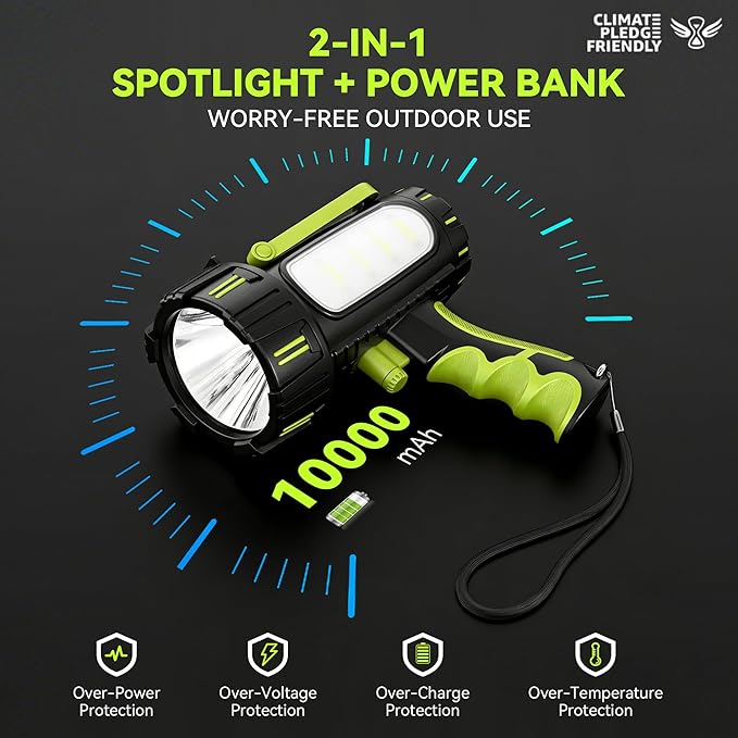 AlpsWolf Rechargeable Spotlight Flashlight, 100000 Lumen Super Bright Handheld Spotlight, IP68 Waterproof Searchlight with Foldable Stand & 3 Color Lens for Camping Hunting Emergency