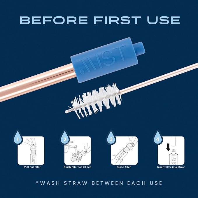 Mist Reusable Straw, Collapsible Reusable Metal Water Filtering Straw Removes Chlorine & Odor, BPA-Free, Portable, Stainless Steel, Filter Straw With Carry Case, Brush, Travel-Friendly, Navy