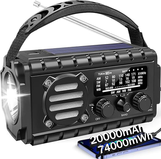 Aivica 20000mah Emergency Radio, SW/NOAA/AM/FM Weather Radio, Solar Powered Hand Crank Chager with Bige Batery Powered,Portable,Cellphone Charge,SOS,Flashlight for Emergency/Home (Black)