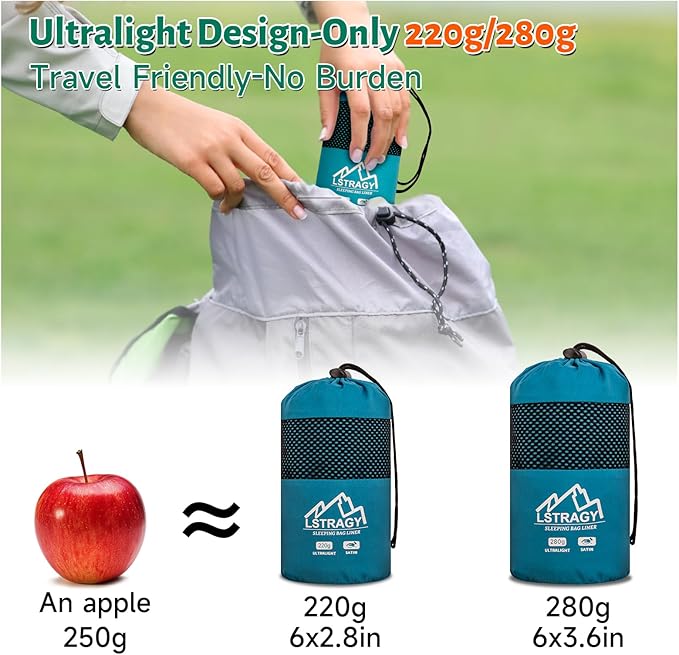 Ultralight Sleeping Bag Liner, Satin Sleep Sack, Comfy Breathable & Cooling & Silky Soft liner, Travel Sheets & Adult Sleep Sack with 2 Way Zipper, Ideal for Backpacking, Hotel, Camping, Hostels