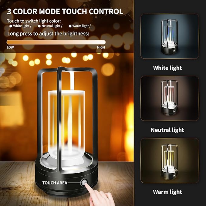Set of 2 Cordless Table Lamps, LED Rechargeable Table Lamp with 3 Color Stepless Dimmable, Indoor/Outdoor Table lamp for Patio/Camping/Bar/Coffee/Restaurant/Bathroom (Black 2 Pcs)