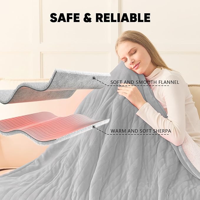 greenoak Heated Blanket Electric Throw 50"X60", Heating Blanket with 10 Heat Levels 8 Hours Auto-Off,Fleece Soft Blanket, Birthday Gifts for Grandma Seniors, Dove Grey