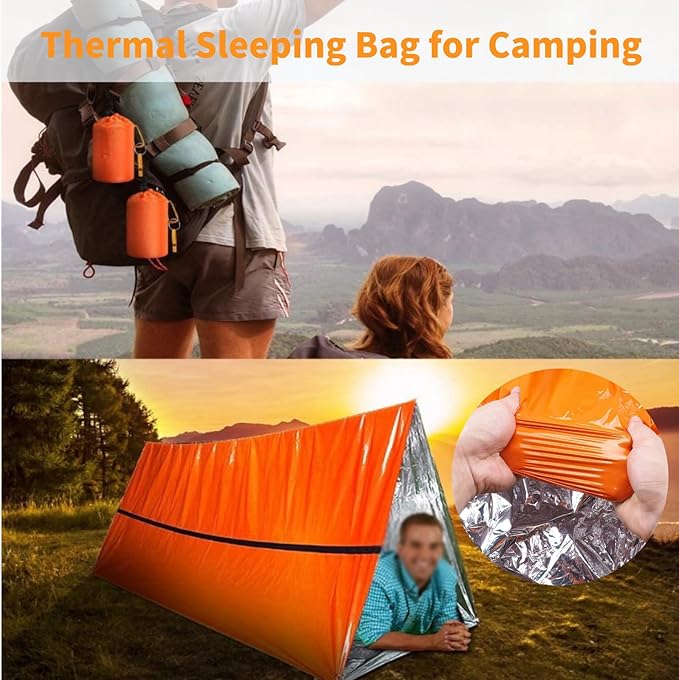Emergency Sleeping Bag with Whistle, Portable Emergency Survival Bag, Lightweight Pocket Size Emergency Sleeping Bag, Waterproof Thermal Bivy Sack for Camping, Hiking