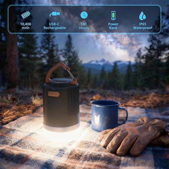 Camping Lantern for Power Outages IP65 Waterproof Camping Lights 10400mAh Portable USB-C Rechargeable 180H Ultra-Long Runtime Emergency Light