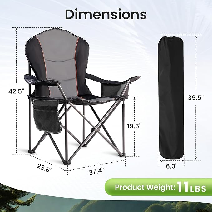Oversized Camping Chair Heavy Duty- Portable Folding Chair, Cup Holder & Waterproof Phone Case for Adults, Beach, Hiking, Backyard, Black & Gray,2PCS XL