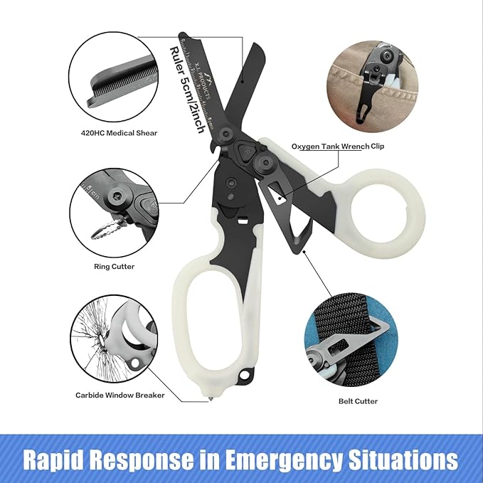 6 in 1 Multifunctional Trauma Shears Foldable with Strap Cutter | Heavy Duty Stainless Steel Emergency Response & Survival Shears With Holster | Medical Trauma shears Tactical | Black Luminous