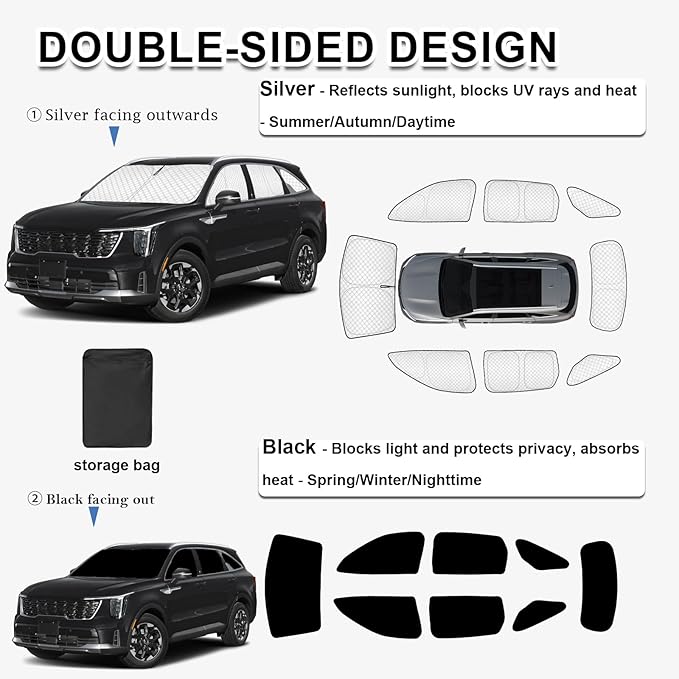 KMF 8pcs Thicken Full Sun Shades for Kia Sorento 2021-2025 2026 Accessories,Car Window Covers Sunshade for Windshield Side Rear, Sun Visor UV Block and Privacy Blackout for Camping Outdoor