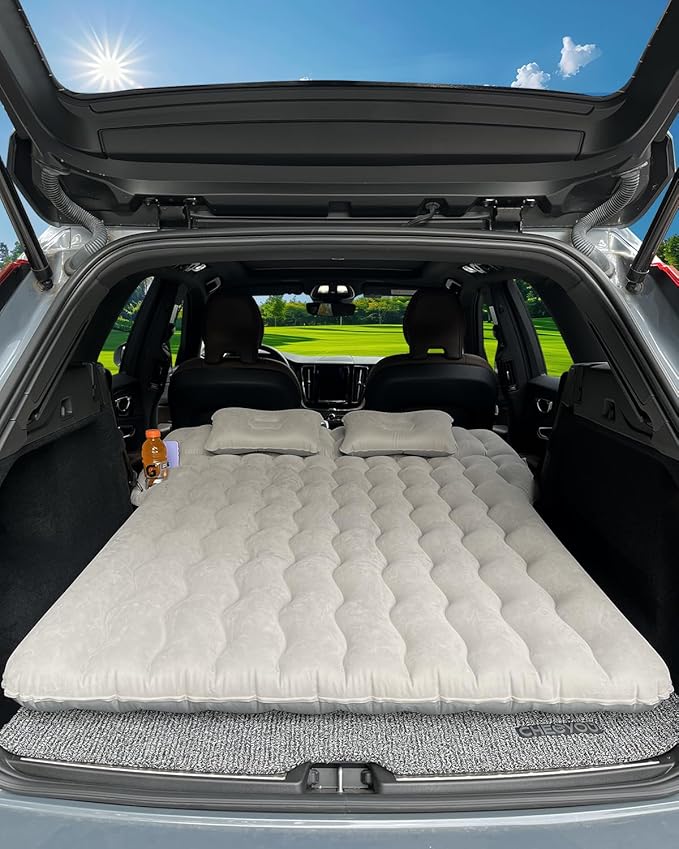 Canodoky SUV Air Mattress, Inflatable Car Mattress Bottle and Phone Holder Thickened Flocking & PVC Surface Car Bed with Electric Air Pump Travel Mattress for Camping Road Trip (Grey)