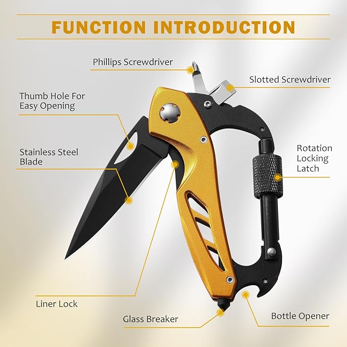 Stocking Stuffers Gifts for Men, Carabiner Multitool 6-in-1 EDC Carabiners Pocket Knife with Window Breaker, Bottle Opener and Screwdriver，Folding Knife for Camping Hiking（Gold）