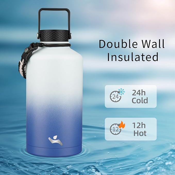Konokyo Insulated Water Bottle with Straw,87 oz 3 Lids Water Jug with Carrying Bag,Paracord Handle,Double Wall Vacuum Stainless Steel Metal Flask,Sky