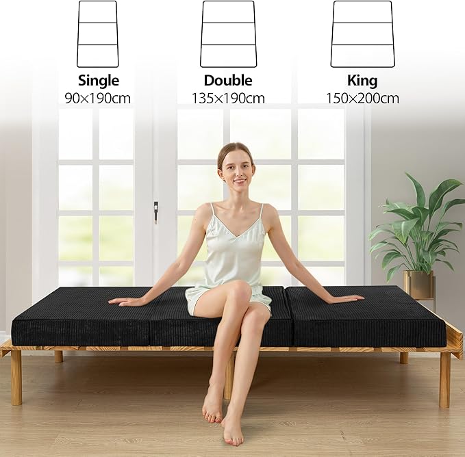 BYBYME Tri-Folding Corduroy Mattress, 6 Inch Gel Folding Mattress Topper, Foldable Soft Guest Bed Camping Pad, Washable Cover (Black, Queen)