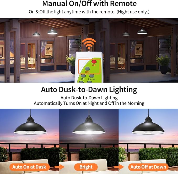 Lightonight Solar Pendant Lights IP65 Weatherproof Dusk to Dawn Solar Shed Lamp with Remote Controller for Outdoor Gazebo Barn Chicken Coop Bullpen Pig Pen Stables Tents