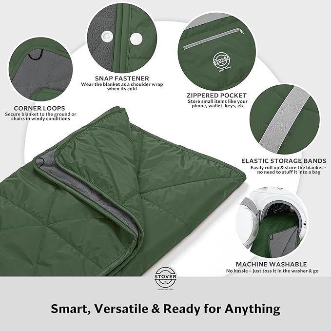 STOVER Large Waterproof Outdoor Stadium Blanket- Extra Thick Soft Fleece Camping Blanket for Travel, Picnics, Sports, Dogs 79"x55", Warm, Windproof, Sand-Proof, Lightweight, Packable (Game Day Green)
