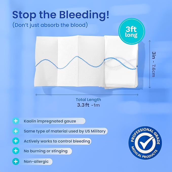 Advanced Kaolin Hemostatic Gauze – Z-Fold Sterile Clotting Bandage (3" x 3.3 ft) | Military-Grade Bleeding Control for Emergency, Trauma, Tactical First Aid, IFAK, and Survival Kits