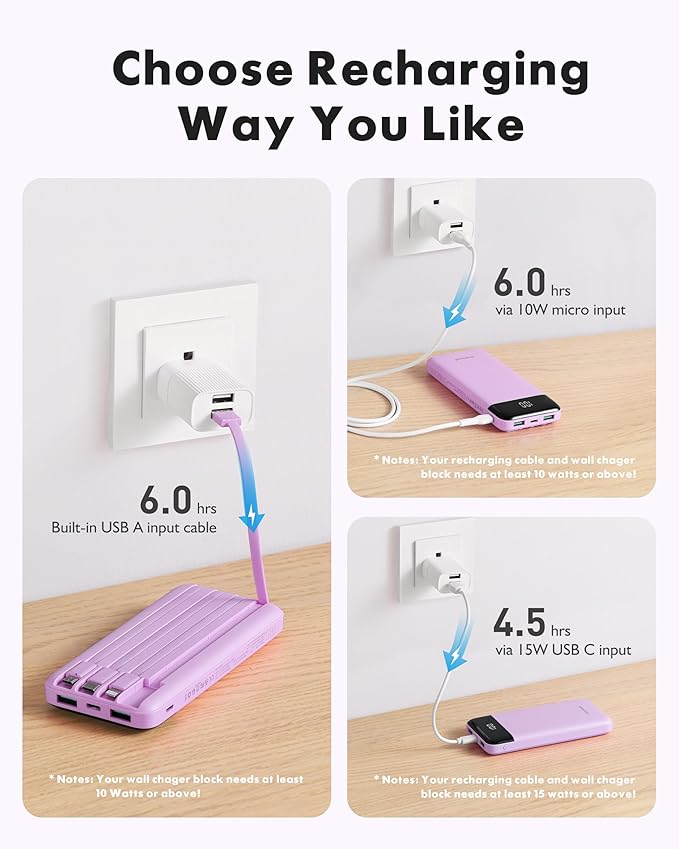 charmast Portable Charger with Built in Cables, Power Bank with Cords Wires, Slim 10000mAh Travel Battery Pack 6 Outputs 3 Inputs 6A Fast Charging for Samsung Google Pixel LG Moto iPhone iPad