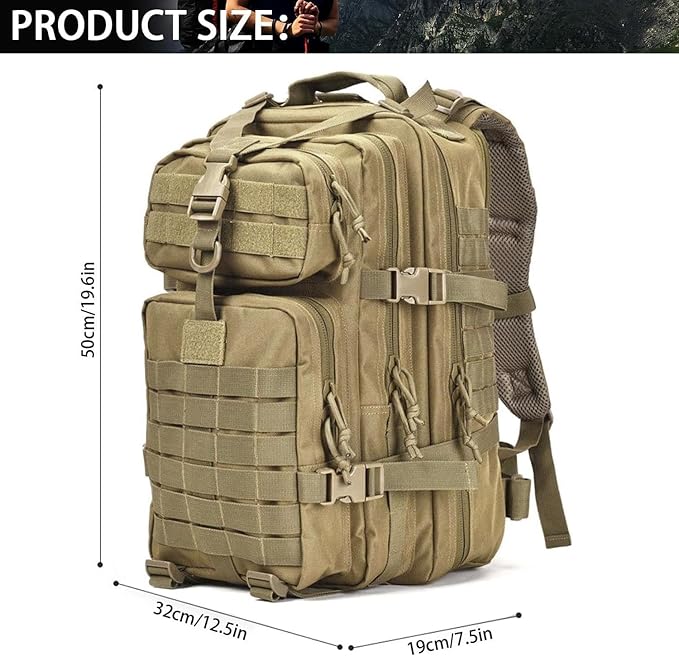 aiGear Tactical Backpack for Men, 45L Military Backpack, 3-Day Bug Out Bag for Camping Hiking Hunting with Molle System Army Daypack (45L Khaki)