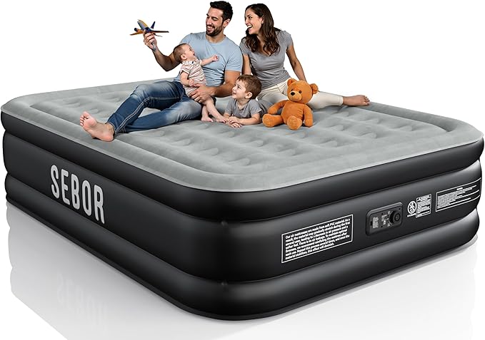 Sebor Air Mattress Queen with Built-in Pump 18", Comfortable Self-Inflating Air Mattress with High-Speed Pump, Durable Blow Up Mattress Queen with Storage Bag for Guests, Camping, Travel