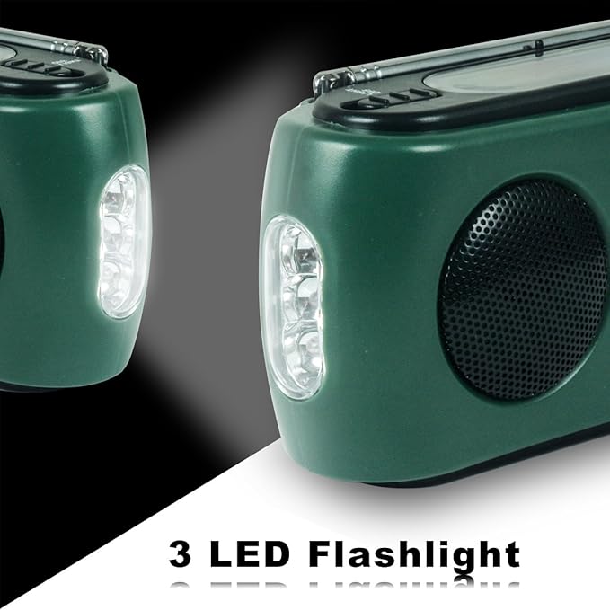 Emergency Radio with Solar and Crank Charger, 3 LED Flashlight Battery and USB Recharging FM/AM Radio 500mAh Power Bank Mobile Phone Charger for Recreational Camping Hiking Survival (Green)