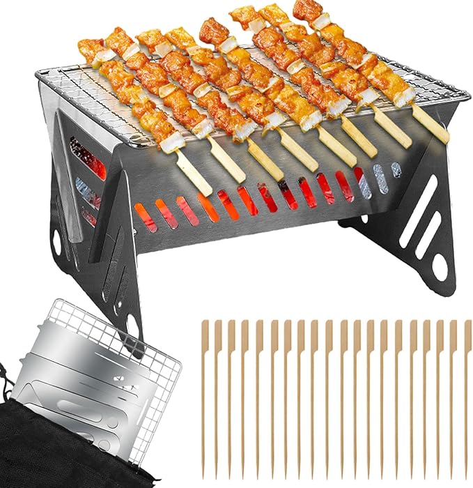 Outdoor Stainless Steel Camping Grill Folding Barbecue Grills Mini Portable Camping Grill with Bamboo chopsticks/Storage bag, Small Assemblable Removable BBQ Grill Tabletop Fire Pit for Camping Patio
