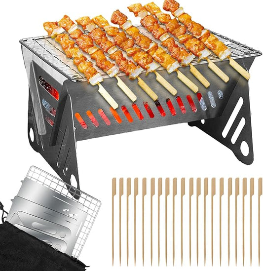 Outdoor Stainless Steel Camping Grill Folding Barbecue Grills Mini Portable Camping Grill with Bamboo chopsticks/Storage bag, Small Assemblable Removable BBQ Grill Tabletop Fire Pit for Camping Patio