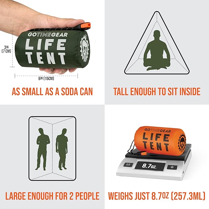 Go Time Gear Survival Life Tent • 2 Person Mylar Emergency Shelter Tube Tent + Paracord • All-Weather Protection for Camping, Hiking, & Survival Kits • Includes Emergency Whistle