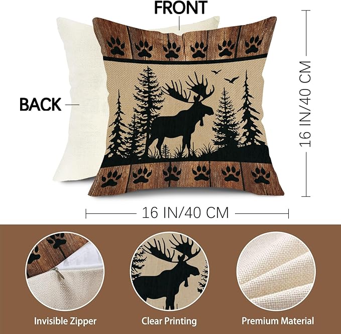 Wildlife Cabin Decorative Throw Pillow Covers 16 x 16 Set of 4, Vintage Forest Animals Reindeer Wolf Bear Porch Outdoor Home Decor, Retro Farmhouse Woodland Pine Tree Sofa Couch Cushion Case