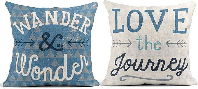 Set of 4 Linen Throw Pillow Cover Seek Adventure Explore New Places Wander Wonder Love Journey Decorative Pillow Cases Covers Home Decor Square 18 x 18 Inches Pillowcases