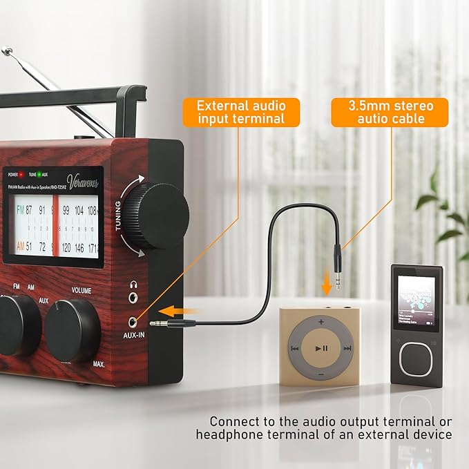 Portable AM/FM Radio with Bass Control, Equipped with a Built-in high-Power Speaker, Headphone Jack, and AUX Audio Input, Supports Battery or AC Power Operation (Red Oak Wood Grain)