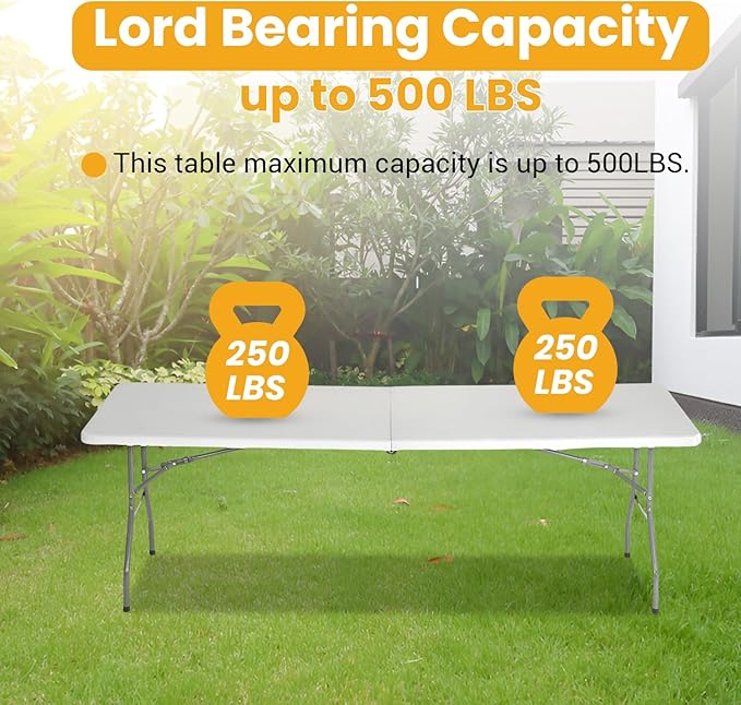 FDW 6FT Folding Table, Portable Fold-in-Half Plastic Picnic Party Table with Carrying Handle (White