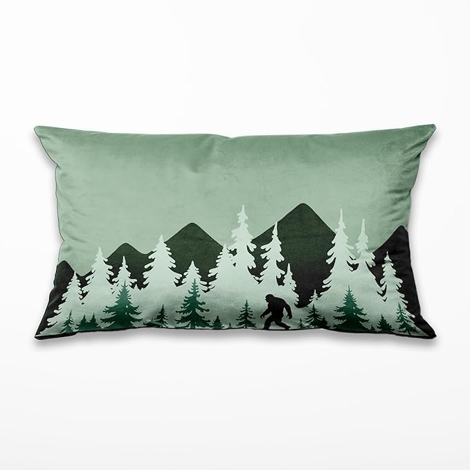 Bigfoot Sasquatch Forest Camping Throw Pillow Cover 20x12, Camping Themed Pillowcase for RV Campsite Sofa Decor, Fun Gift for Camp Lovers (Green)