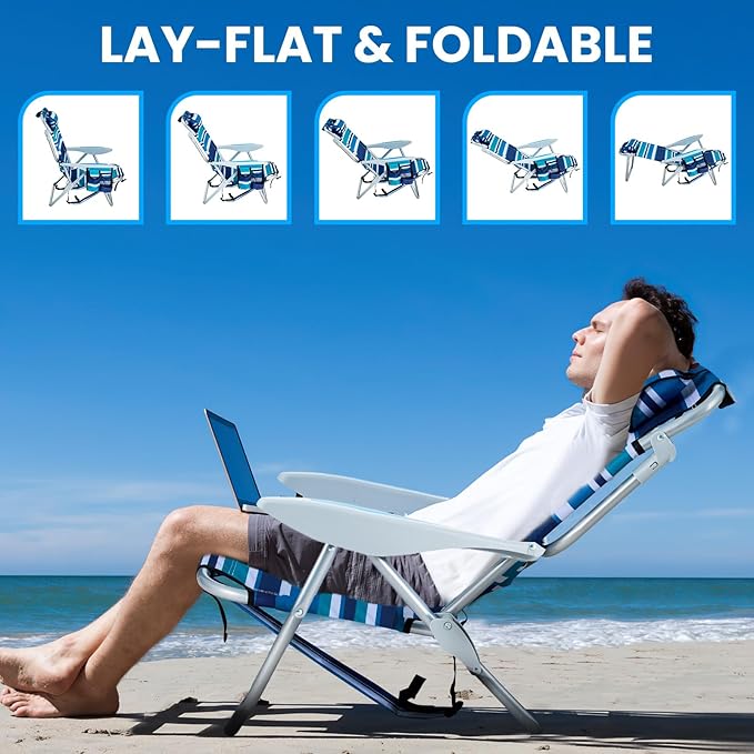 Portable Beach Chair for Adults, Outdoor Camping Chair Lay Flat Folding Backpack Beach Reclining Chair with 5 Positions, Headrest, Cup Holder, Heavy Blue Striped