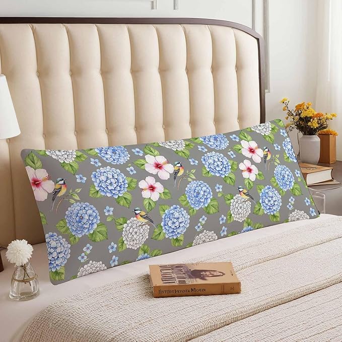 Couch Body Pillow Cover Hummingbird Bedding Body Pillow Case for Men Women, Blue Hydrangea Oblong Pillow Covers Throw Body Cushion Cases for Home Sofa Livingroom 20"X 54"