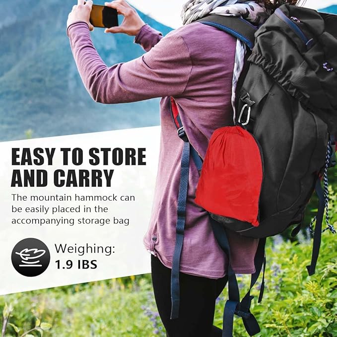 OBTANIM Camping Hammock 500lbs Portable Lightweight Single or Double Hammock with Tree Straps and Carry Bag for Camping Backpacking Hiking Travel Beach Outdoor Indoor (Red and Black)