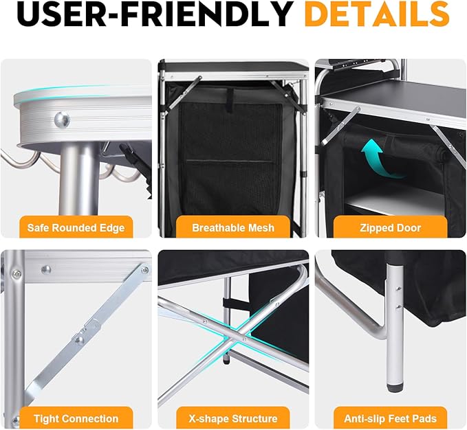 Camping Kitchen Table, Folding Table,Outdoor Cooking Table with Storage Carrying Bag, Aluminum Cook Station with Windscreen and 3 Multifunctional Storage Cupboards, BBQ, Outdoor, RV, Party