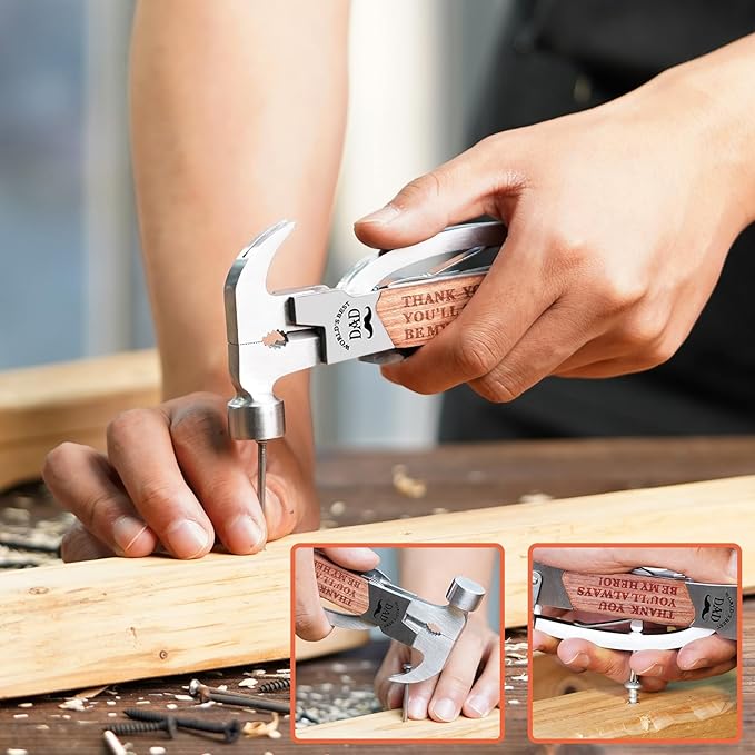 VEITORLD Gifts for Dad from Daughter Son Kids, Fathers Day, All in One Tools Hammer Multitool with Engraved Wooden Box, Unique Birthday Gift Ideas for Men Stepdad Him, Cool Gadgets(Dad are Hero)