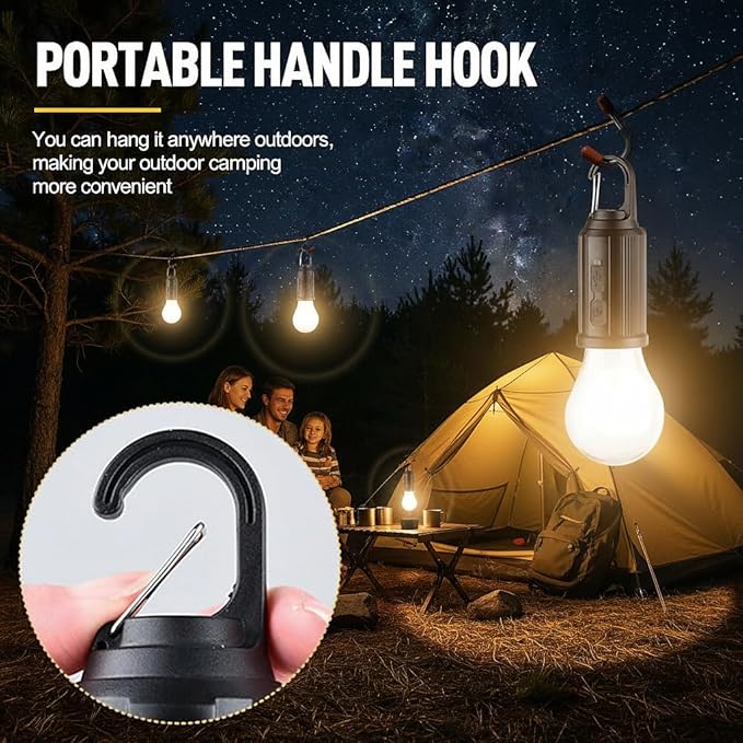 4 Pack Led Camping Lantern Solar Rechargeable,Outdoor Tent Lights for Camping Essentials, Hanging Light Bulbs with Clip Hook Camping Flashlight