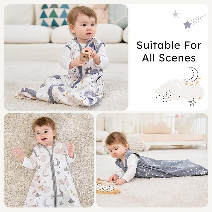 Baby Sleep Sack 0-6 months, 100% Cotton Sleeping Sack for Newborn and Infant, 3 Pack Baby Wearable Blanket for Boy and Girl, 0.5 Tog Lightweight Double Zipper Sleep Bag Grey Moon Bear