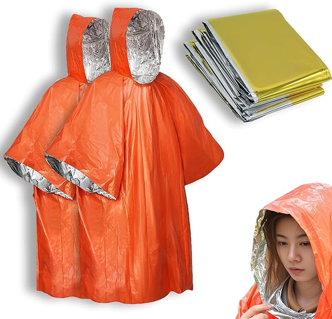 4X Survival Gear kit, Emergency Poncho (2pc), Emergency Space Blanket (2pc), Mylar Liner - Retains 92% Body Heat, for Outdoors, Hiking, Camping, Bug Out Bag, Marathons or First Aid, Car (Orange)