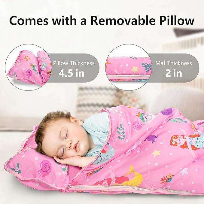 Primlect Toddler Nap Mat Extra Large Thickened 55''x35'', Soft Sleeping Bag with Detachable Minky Blanket and Pillow, Portable for Daycare, Preschool, Kindergarten, Travel, Boys and Girls