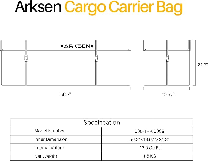 ARKSEN Roof Cargo Bag, 13.6 Cubic Feet Waterproof Luggage Storage, Include Net, Heavy Duty Stainless Steel Hitch Tightener, Anti-Rattle Stabilizer, 16Ft Straps