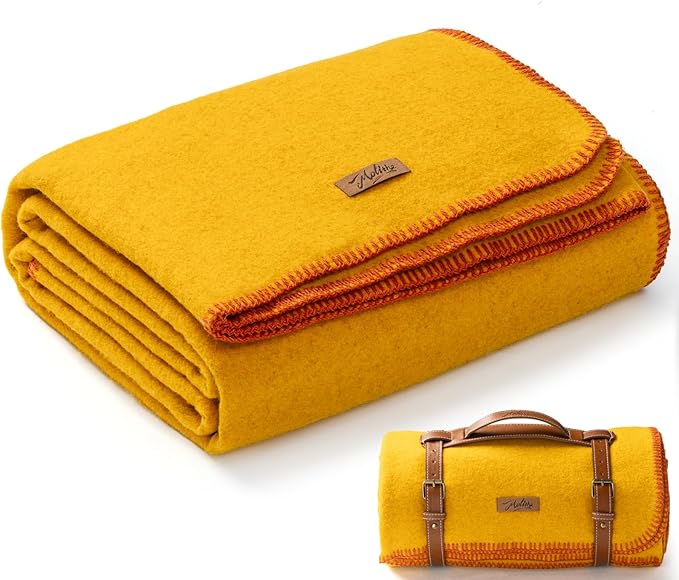 Molithe 100% Wool Blanket, 62" x 86", Warm, Thick, Washable, Military Wool Blanket, Great for Camping, Outdoors, Sporting Events, Survival Kits, Yellow